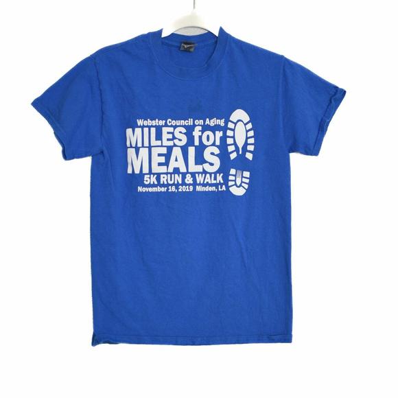 Gildan Mens Blue T-Shirt Miles for Meals 5K Run & Walk Graphic Tee Crew SS Small - Picture 1 of 6